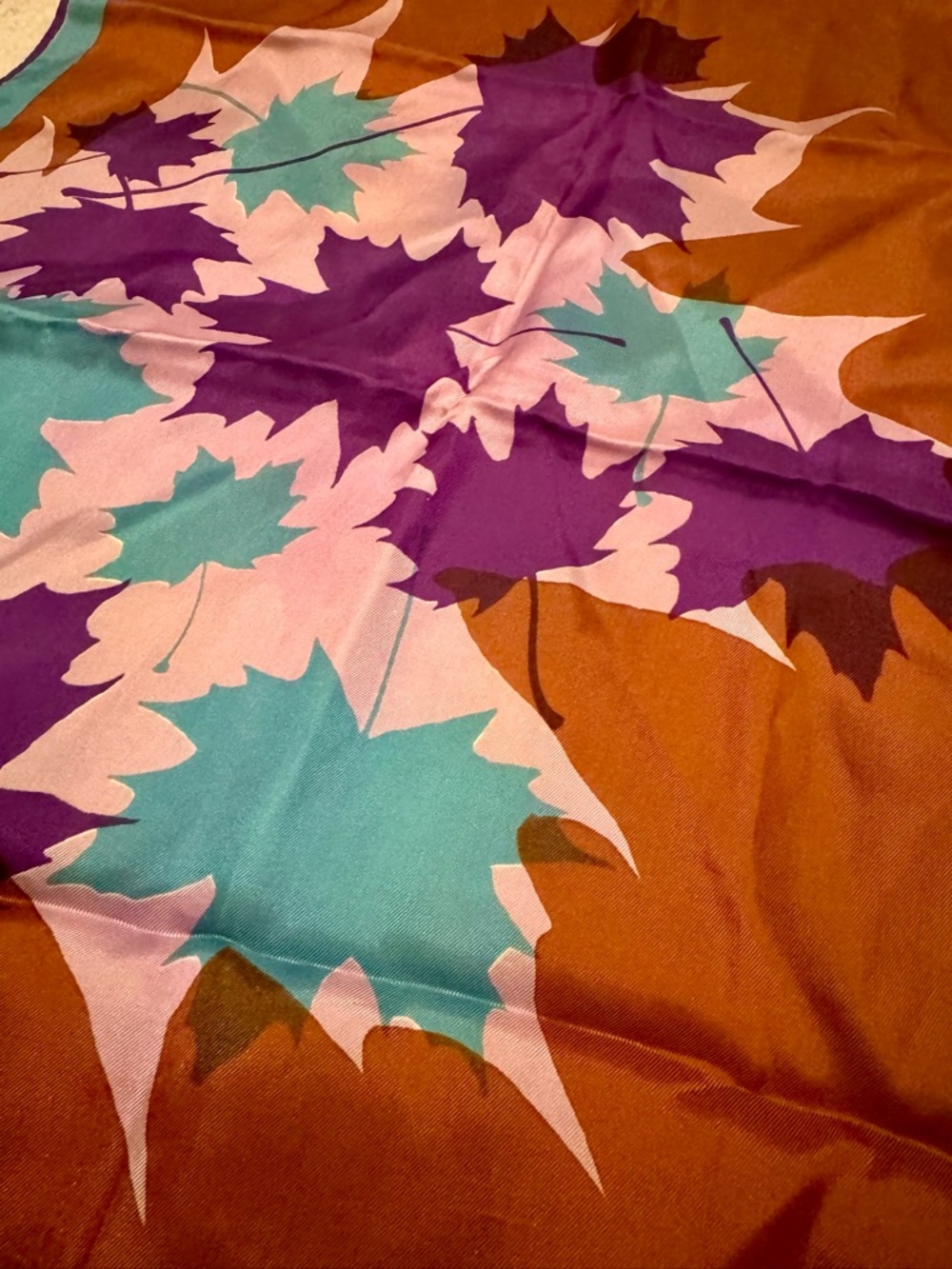 Vera Neumann Oblong Scarf 44x15 Brown Teal Purple Leaves Japan Vintage - Picture 4 of 9